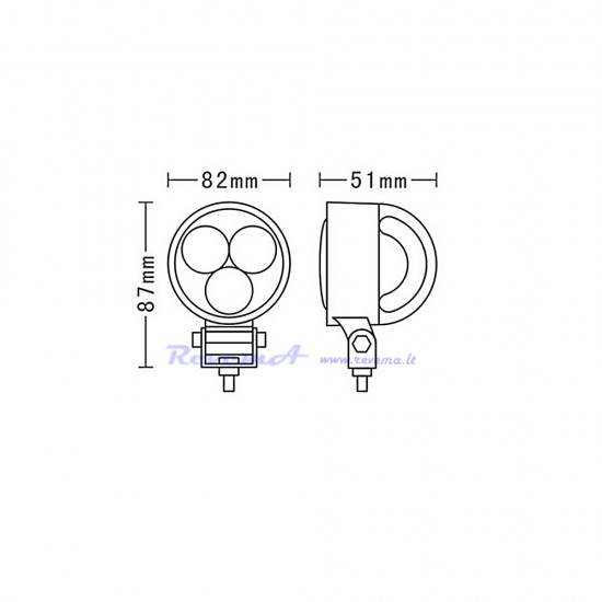 LED Darbo žibintas - prožektorius siauras 9W 3 LED 12/24V (apvalus) EMC