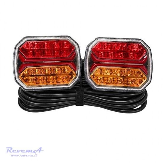 Priekabos galiniai LED žibintai su dinaminiu posūkiu 4 funkcijų su plastikiniu kištuku 12/24V 42 LED 7 kont. 7,5 m su magnetu (komplektas 2 vnt.)
