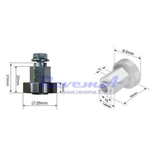 RR9 Slankiojančio stogo ritinėlis (ratukas) Ø26 x 8 -20 mm