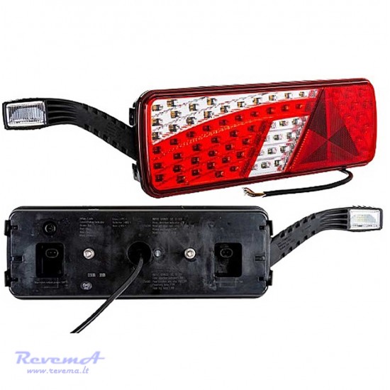 Galinis LED žibintas 6 funkcijų L1822 12/24V 69 + 6 LED su trikampiu atšvaitu ir ragu prisukamas su varžtais 420 x 150 x 68 mm kairė