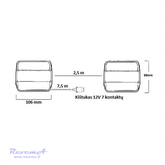 Galiniai LED žibintai 4 funkcijų L1854 su plastikiniu kištuku 12/24V 7 kont. 7,5 m su magnetu 106 x 99 x 37 mm (komplektas 2 vnt.)