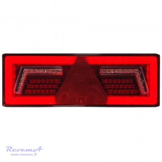 Galinis LED žibintas 5 funkcijų L1859 12/24V 96 LED su trikampiu atšvaitu prisukamas su varžtais 375 x 130 x 34 mm kairė