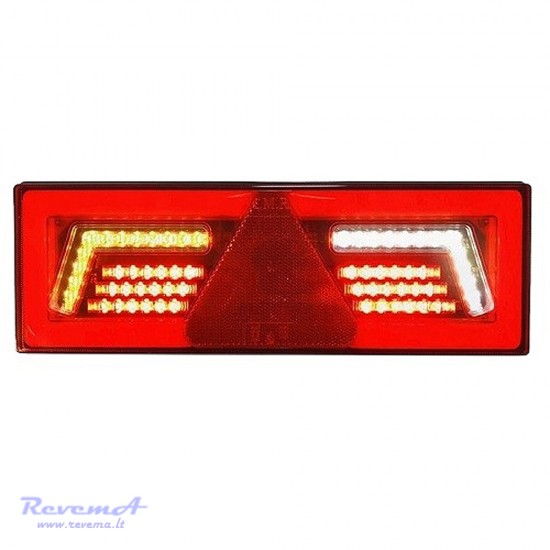 Galinis LED žibintas 5 funkcijų L1859 12/24V 96 LED su trikampiu atšvaitu prisukamas su varžtais 375 x 130 x 34 mm kairė