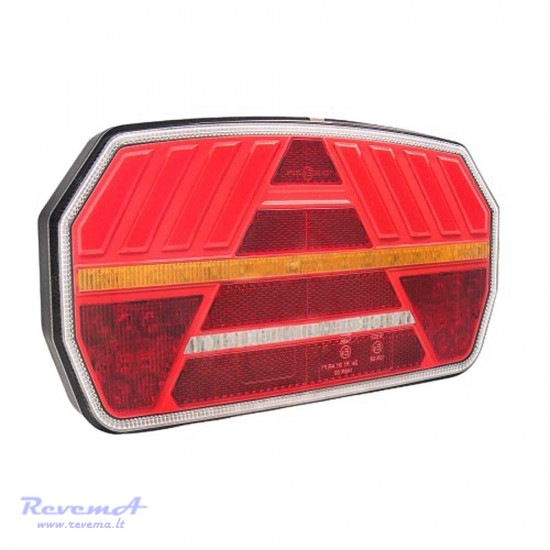 Galinis LED žibintas 5 funkcijų L1957 12/24V 74 LED su trikampiu atšvaitu prisukamas su varžtais 250 x 140 x 44 mm kairė