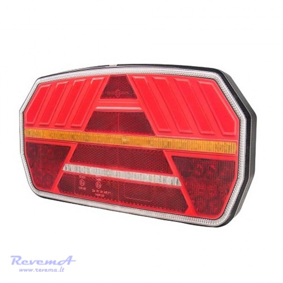 Galinis LED žibintas 5 funkcijų L1958 12/24V 74 LED su trikampiu atšvaitu prisukamas su varžtais 250 x 140 x 44 mm dešinė